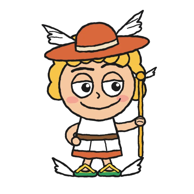 Hermy, a cartoon Greek god with a winged hat and winged flip-flops, smirking